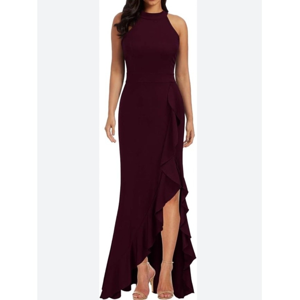 WOOSEA Womens Burgundy Halter Neck Ruffle High Low Mermaid Maxi Dress Medium